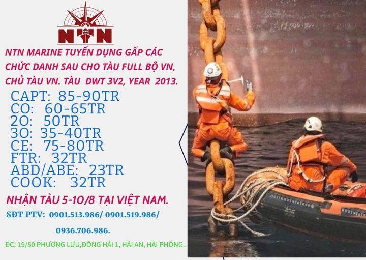 NTN MARINE TUYỂN DỤNG CHO TÀU 3V2, CHỦ TÀU VN