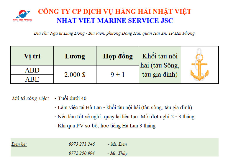 NHẬT VIỆT TUYỂN DỤNG ABD, ABE CHO KHỐI TÀU NỘI HẢI TẠI HÀ LAN