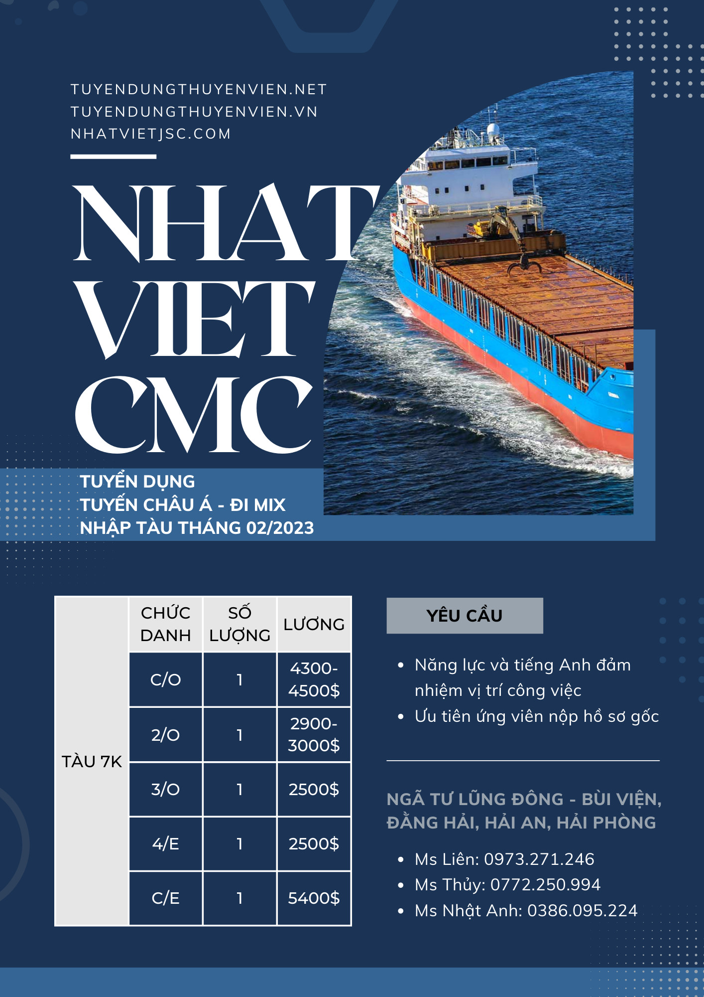 NHẬT VIỆT TUYỂN DỤNG CHO TÀU 7K - CHỦ CHINA - ĐI MIX - TUYẾN CHÂU Á