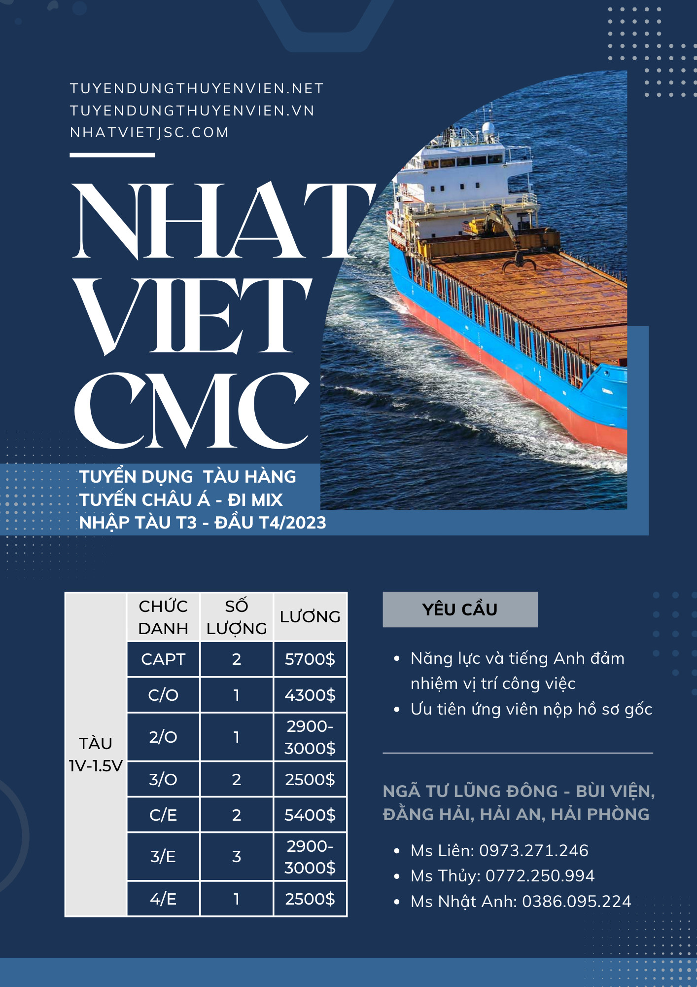 NHẬT VIỆT TUYỂN DỤNG CHO TÀU HÀNG 1 VẠN - 1.5 VẠN, ĐI MIX, TUYẾN CHÂU Á